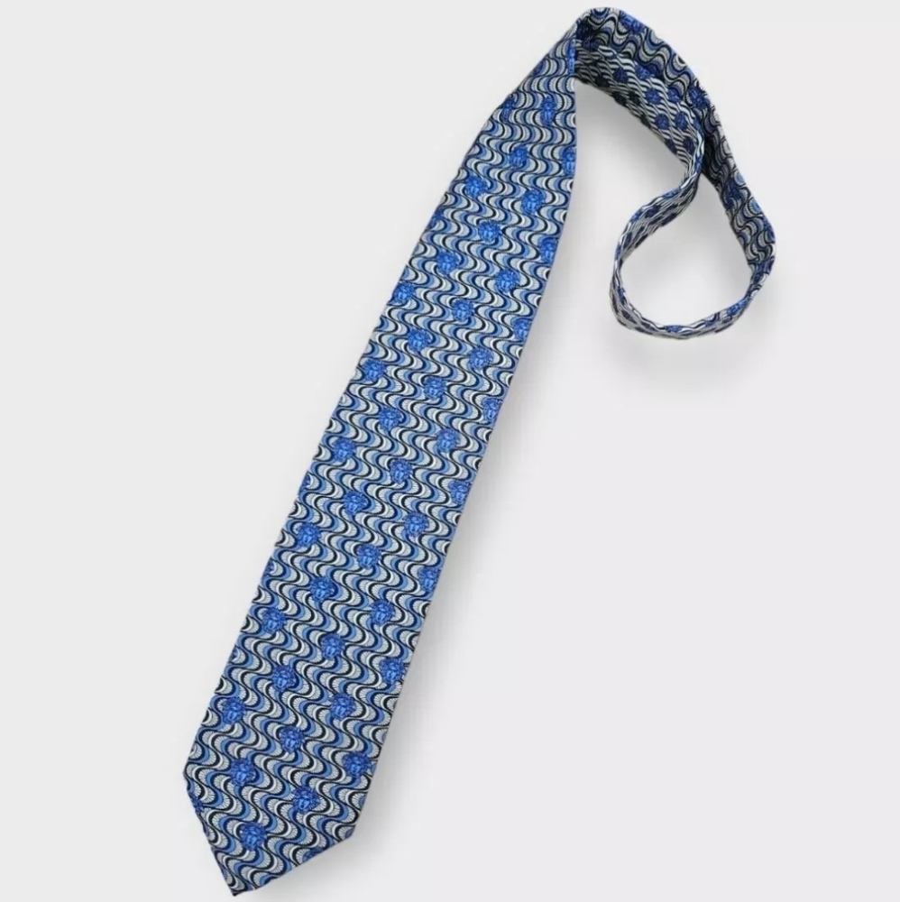 GIANNI VERSACE Blue Geometric Monogram Medusa Silk LUXURY Tie ITALY